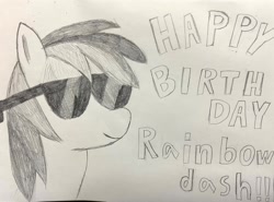 Size: 2048x1516 | Tagged: safe, artist:maud_pie_s4, imported from derpibooru, rainbow dash, pegasus, pony, bust, happy birthday, monochrome, portrait, rainbow dash day, rainbow dash's birthday, solo, sunglasses, traditional art