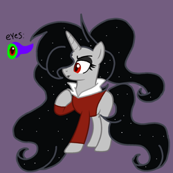 Size: 1378x1378 | Tagged: safe, artist:circuspaparazzi5678, imported from derpibooru, oc, oc only, oc:veronica neighsay, pony, unicorn, base used, clothes, eyeshadow, lipstick, magical gay spawn, makeup, offspring, parent:chancellor neighsay, parent:king sombra, purple background, red eyes, red shirt, shirt, simple background, solo, sombra eyes, wavy mane