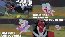 Size: 2000x1125 | Tagged: safe, edit, edited screencap, editor:quoterific, imported from derpibooru, screencap, cozy glow, lord tirek, centaur, pegasus, pony, frenemies (episode), angry, argument, blatant lies, clothes, coat, duo, eyes closed, female, filly, hat, hypocritical humor, male, open mouth, snow, winter outfit