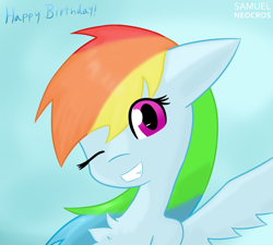 Size: 1000x900 | Tagged: safe, artist:samuel-neocros, imported from derpibooru, rainbow dash, pegasus, pony, :3, chest fluff, cute, dashabetes, female, happy birthday, mare, rainbow dash day, rainbow dash's birthday, sky, smiling, solo, spread wings, wings