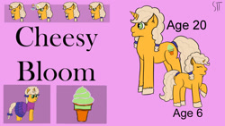 Size: 1280x720 | Tagged: safe, artist:schumette14, imported from derpibooru, oc, oc:cheesy bloom, unicorn, food, ice cream, offspring, parent:cheese sandwich, parent:lily lace, parents:cheeselace, parents:lilydwich, redesign, story in the source, story included