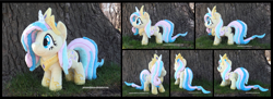 Size: 4807x1754 | Tagged: safe, artist:peruserofpieces, imported from derpibooru, fluttershy, princess celestia, pegasus, pony, testing testing 1-2-3, beanie (plushie), celestia costume, celestia's crown, clothes, cosplay, costume, crest, crown, fake horn, female, irl, jewelry, mare, peytral, photo, plushie, regalia, roleplaying, shoes, shylestia, smiling, solo, standing, tree, wings