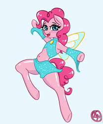 Size: 1000x1200 | Tagged: safe, artist:plaguemare, imported from derpibooru, pinkie pie, fairy, fairy pony, original species, pony, semi-anthro, belly button, bloom (winx club), blushing, clothes, cosplay, costume, crossover, eyelashes, fairy wings, fairyized, female, flying, happy, jumping, magic winx, mare, simple background, skirt, smiling, solo, wings, winx, winx club, winxified