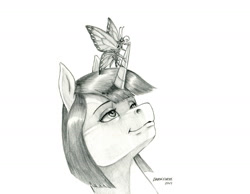 Size: 1400x1088 | Tagged: safe, artist:baron engel, imported from derpibooru, oc, oc:marble vein, butterfly, unicorn, butterfly on horn, female, horn, mare, monochrome, pencil drawing, story included, traditional art