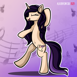 Size: 6000x6000 | Tagged: safe, artist:aldobronyjdc, imported from derpibooru, oc, oc only, oc:melody verve, pony, unicorn, absurd resolution, belly button, digital art, eyes closed, female, happy, music notes, simple background, smiling, solo, solo female, standing