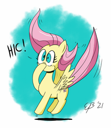 Size: 1024x1175 | Tagged: safe, artist:cartoon-eric, imported from derpibooru, fluttershy, pegasus, pony, covering mouth, female, hiccup, hoof over mouth, jumping, mare, midair, onomatopoeia, partial background, raised hoof, solo, spread wings, three quarter view, wings