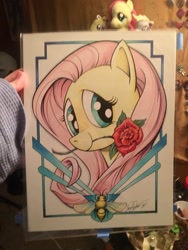 Size: 1536x2048 | Tagged: safe, artist:andypriceart, imported from derpibooru, derpy hooves, doctor whooves, fluttershy, time turner, bee, insect, pegasus, cute, female, flower, looking at you, mare, mouth hold, pencil drawing, photo, plushie, rose, shyabetes, traditional art