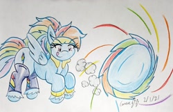 Size: 1919x1237 | Tagged: safe, artist:gmangamer25, imported from derpibooru, rainbow dash, pegasus, pony, ball, clothes, crossover, female, mare, rainball, rolling, solo, sonic the hedgehog (series), spin dash, sweater, traditional art