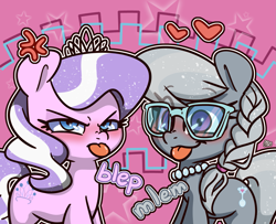 Size: 1867x1516 | Tagged: safe, artist:lou, imported from derpibooru, diamond tiara, silver spoon, earth pony, pony, :p, adorabullies, angry, blushing, cross-popping veins, cute, diamondbetes, duo, duo female, female, filly, frown, glasses, heart, jewelry, looking at you, mlem, necklace, pearl necklace, silly, silverbetes, smiling, tongue out