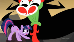 Size: 640x360 | Tagged: safe, edit, imported from derpibooru, twilight sparkle, demon, pony, unicorn, adult swim, aku, ashi, butt, meme, plot, samurai jack, smell, tara strong, twibutt, voice actor joke