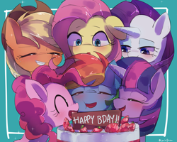 Size: 3997x3191 | Tagged: safe, artist:lexiedraw, imported from derpibooru, applejack, fluttershy, pinkie pie, rainbow dash, rarity, twilight sparkle, pony, birthday cake, blushing, cake, eyes closed, food, group hug, happy birthday, hug, mane six, rainbow dash day, rainbow dash's birthday