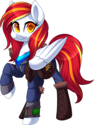 Size: 2110x2792 | Tagged: safe, artist:scarlet-spectrum, imported from derpibooru, oc, oc:diamond sun, pegasus, pony, fallout equestria, alternate universe, bag, bandana, clothes, commission, fallout, female, fur, jumpsuit, leather armor, looking at you, mare, pegasus oc, pipbuck, saddle bag, simple background, transparent background, vault suit, wings