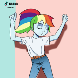Size: 1954x1939 | Tagged: safe, artist:artiks, imported from derpibooru, imported from ponybooru, rainbow dash, equestria girls, blue fast, clothes, dancing, ponytail, simple background, tiktok