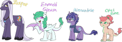 Size: 4167x1439 | Tagged: safe, artist:purfectprincessgirl, imported from derpibooru, oc, oc only, oc:alexandrite, oc:emerald gleam, oc:jasper, oc:opal rune, dracony, dragon, earth pony, hybrid, pony, unicorn, adopted offspring, clothes, female, freckles, glasses, interspecies offspring, jewelry, male, mare, necklace, offspring, one wing out, parent:rarity, parent:spike, parents:sparity, scarf, siblings, simple background, stallion, transparent background, unshorn fetlocks, wings