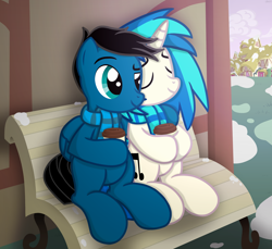 Size: 7200x6600 | Tagged: safe, artist:agkandphotomaker2000, imported from derpibooru, dj pon-3, vinyl scratch, oc, oc:pony video maker, pegasus, pony, unicorn, bench, building, canon x oc, coffee, coffee cup, coffee stop, complex background, cup, female, hoof on shoulder, male, ponyville, shipping, show accurate, sitting, snow, snuggling, straight, videoscratch, winter