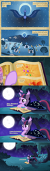 Size: 1024x3446 | Tagged: safe, artist:magister39, imported from derpibooru, nightmare moon, princess celestia, princess luna, twilight sparkle, bat pony, vampire, comic:the legend of the tyrant sun, bat ponified, book, comic, everfree forest, moon, night, night sky, race swap, sky, twibat, wulfen