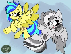 Size: 2048x1536 | Tagged: safe, artist:nordicgoat, imported from derpibooru, oc, oc only, oc:chrome finish, oc:koa, pegasus, pony, blushing, chest fluff, commission, duo, ear fluff, flying, looking at each other, open mouth, smiling, spread wings, wings