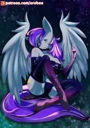 Size: 800x1133 | Tagged: safe, alternate version, artist:ero-bee, imported from derpibooru, oc, oc only, anthro, pegasus, unguligrade anthro, clothes, evening gloves, eyelashes, gloves, latex, latex gloves, latex socks, latex suit, long gloves, pegasus oc, signature, sitting, smiling, socks, solo, wings