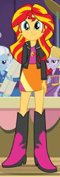 Size: 217x642 | Tagged: safe, imported from derpibooru, screencap, sunset shimmer, trixie, equestria girls, rainbow rocks, boots, clothes, cropped, cute, jacket, shoes, skirt, smiling, solo focus