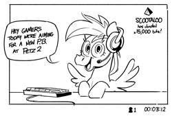Size: 2504x1690 | Tagged: safe, artist:kylesmeallie, imported from derpibooru, rainbow dash, scootaloo, pegasus, pony, computer, dialogue, gamer, headset, implied scootaloo, keyboard, looking at you, offscreen character, smiling, solo