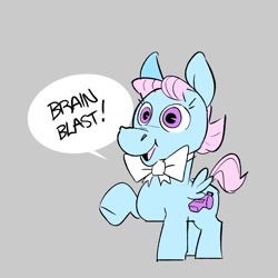 Size: 1496x1496 | Tagged: safe, artist:kylesmeallie, imported from derpibooru, wind whistler, pegasus, pony, bow, bowtie, brain blast, crossover, cute, dialogue, female, g1, gray background, jimmy neutron, jimmy neutron: boy genius, mare, raised hoof, raised leg, simple background, smiling, solo, speech bubble, the adventures of jimmy neutron: boy genius, whistlerbetes