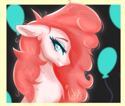 Size: 1300x1100 | Tagged: safe, artist:inky_mitts, artist:inkypuso, imported from derpibooru, pinkie pie, earth pony, pony, balloon, chest fluff, curly mane, ear fluff, eyelashes, eyeshadow, female, floppy ears, looking at you, makeup, mare, pink mane, smiling, smiling at you, solo, solo female