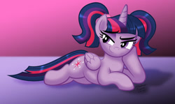 Size: 1280x762 | Tagged: safe, artist:aleximusprime, imported from derpibooru, twilight sparkle, alicorn, alternate hairstyle, bedroom eyes, female, lying down, male, mare, offscreen male, pigtails, ponytail, sassy, seductive, twintails