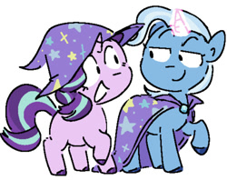 Size: 640x507 | Tagged: artist needed, safe, imported from derpibooru, starlight glimmer, trixie, unicorn, cape, clothes, female, glowing horn, hat, horn, looking at each other, magic, mare, raised leg, smiling, trixie's cape, trixie's hat