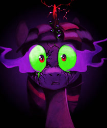 Size: 800x951 | Tagged: safe, artist:lopoddity, twilight sparkle, the crystal empire, spoiler:s03, bust, colored horn, corrupted, corrupted twilight sparkle, curved horn, dark, dark magic, glow, horn, looking at you, magic, portrait, solo, sombra eyes, sombra horn