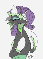 Size: 4000x5500 | Tagged: safe, artist:evan555alpha, imported from ponybooru, rarity, oc, oc only, oc:yvette (evan555alpha), changeling, unicorn, changeling oc, colored sketch, disguise, disguised changeling, dorsal fin, evan's daily buggo, eyelashes, eyes closed, eyeshadow, fangs, female, fire, forked tongue, green tongue, long tongue, makeup, mid-transformation, missing accessory, open mouth, ponybooru exclusive, sharp teeth, signature, simple background, sketch, solo, teeth, tongue out, transformation, white background