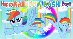 Size: 1605x853 | Tagged: safe, artist:wing_shield, imported from derpibooru, rainbow dash, pegasus, pony, eyes closed, female, filly, filly rainbow dash, flying, multeity, rainbow dash day, solo, sonic rainboom, younger