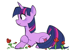 Size: 1403x925 | Tagged: artist needed, safe, twilight sparkle, pony, unicorn, crossed hooves, female, flower, horn, lying down, mare, simple background, smiling, solo, tulip, white background