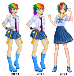 Size: 3969x4092 | Tagged: safe, artist:erim-kawamori, imported from derpibooru, rainbow dash, human, 2013, 2015, 2021, alternate hairstyle, anime, belt, boots, clothes, comparison, female, humanized, jewelry, lipstick, necktie, ring, school uniform, schoolgirl, shirt, shoes, simple background, skirt, sneakers, solo, spiked wristband, sweatband, transparent background, wristband
