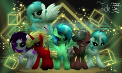 Size: 2000x1200 | Tagged: source needed, useless source url, safe, artist:jadebreeze115, imported from derpibooru, oc, oc only, oc:jade breeze, oc:winter light, alicorn, earth pony, pegasus, pony, base used, colored wings, colorful, complex background, creepy, evil, evil eyes, gradient wings, group, group shot, looking at you, mean, multicolored hair, scary face, spread wings, wings