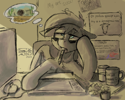 Size: 2178x1742 | Tagged: safe, artist:dreamyskies, imported from derpibooru, fluttershy, oc, oc:dreamer skies, pegasus, pony, bags under eyes, bruised, coffee mug, computer, computer mouse, cyrillic, depression, exhausted, floppy ears, graphics tablet, insomnia, mouth hold, mug, pegasus oc, pencil, quick draw, russian, sad, sketch, solo, stylus, supporting head, tablet, text, thought bubble, tired