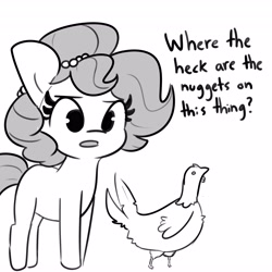 Size: 4096x4096 | Tagged: safe, artist:tjpones, imported from derpibooru, oc, oc only, oc:brownie bun, bird, chicken, earth pony, pony, black and white, female, grayscale, high res, implied ponies eating meat, mare, monochrome, simple background, solo, white background