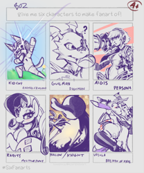 Size: 854x1026 | Tagged: safe, artist:bose, imported from derpibooru, rarity, anthro, cat, guilmon, human, pony, unicorn, six fanarts, aigis, animal crossing, anthro with ponies, breath of fire, bust, crossover, digimon, female, gun, hollow knight, male, mare, persona, shovel knight, weapon