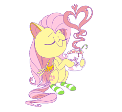 Size: 1200x1100 | Tagged: safe, artist:batshaped, imported from derpibooru, fluttershy, pegasus, pony, candy, candy cane, chocolate, clothes, cute, drink, eyes closed, female, food, heart, heart shaped, hoof hold, hot chocolate, mare, marshmallow, mug, shyabetes, simple background, sitting, smiling, socks, solo, steam, striped socks, white background