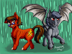 Size: 1974x1496 | Tagged: safe, artist:armorwing, imported from derpibooru, oc, oc:antiquity, oc:belfry, bat pony, earth pony, pony, bat pony oc, bat wings, duo, earth pony oc, fangs, female, glasses, male, mare, signature, stallion, story included, unshorn fetlocks, wings