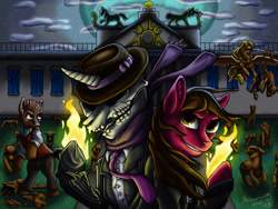 Size: 2188x1642 | Tagged: safe, artist:armorwing, imported from derpibooru, earth pony, pony, bone, bust, clothes, female, fire, grin, hat, male, mare, necktie, outdoors, ponified, pyromancy, scarf, skeleton, smiling, stallion