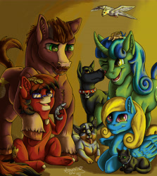 Size: 7500x8400 | Tagged: safe, artist:armorwing, imported from derpibooru, oc, bird, cat, dog, earth pony, pegasus, pony, unicorn, collar, earth pony oc, female, flying, horn, lying down, male, mare, one eye closed, pegasus oc, prone, raised hoof, smiling, stallion, unicorn oc, unshorn fetlocks, wings, wink