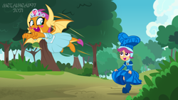 Size: 8000x4500 | Tagged: safe, artist:metalhead97, imported from derpibooru, scootaloo, smolder, dragon, equestria girls, equestria girls series, for whom the sweetie belle toils, what lies beneath, boots, clothes, commission, costume, cute, cutealoo, dragoness, dress, equestria girls interpretation, eyeliner, eyes open, female, fist, flying, forest, forest background, hat, having fun, high heel boots, high heels, jewelry, jogging, looking at each other, looking back, makeup, open mouth, outdoors, princess smolder, race, running, scene interpretation, shoes, show accurate, skirt, skirt lift, skirt pull, skirtaloo, smolder also dresses in style, smolderbetes, tiara, tree