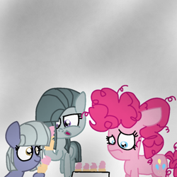 Size: 768x768 | Tagged: safe, artist:crossovercartoons, imported from derpibooru, limestone pie, marble pie, pinkie pie, earth pony, pony, bite mark, cupcake, cute, digital art, digital drawing, drawing, female, filly, filly limestone pie, filly marble pie, filly pinkie pie, food, looking down, sad, tray, trio, younger