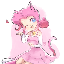 Size: 1280x1280 | Tagged: safe, artist:niorsaj, imported from derpibooru, pinkie pie, cat, human, alternate hairstyle, anime, bell, bell collar, cat bell, cat ears, cat tail, catgirl, clothes, collar, cute, cute little fangs, diapinkes, dress, eared humanization, fangs, female, heart, humanized, one eye closed, open mouth, paws, pinkie cat, sitting, smiling, solo, tailed humanization, wink