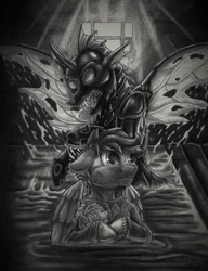 Size: 1690x2200 | Tagged: safe, artist:armorwing, imported from derpibooru, oc, oc only, changeling, pegasus, pony, bust, changeling oc, colored hooves, duo, fangs, grayscale, horn, indoors, monochrome, open mouth, pegasus oc, traditional art, wings