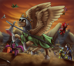 Size: 1368x1224 | Tagged: safe, artist:armorwing, imported from derpibooru, oc, oc only, earth pony, pegasus, pony, unicorn, armor, axe, battle axe, crown, earth pony oc, fight, flying, glowing horn, goggles, helmet, hoof shoes, horn, jewelry, mountain, outdoors, pegasus oc, rearing, regalia, unicorn oc, weapon, wings