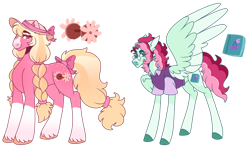 Size: 1280x761 | Tagged: safe, artist:transglimmer, artist:twilightpriincess, imported from derpibooru, oc, oc only, earth pony, pegasus, pony, bow, braid, clothes, coat markings, duo, freckles, hat, one wing out, shirt, simple background, socks (coat marking), socks (coat markings), sun hat, tail bow, transparent background, unshorn fetlocks, wings