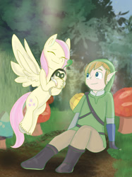 Size: 1280x1707 | Tagged: safe, artist:eeveelutionlova, artist:princessmuffinart, imported from derpibooru, fluttershy, human, pegasus, pony, crossover, eyes closed, hug, link, the legend of zelda, the legend of zelda: skyward sword