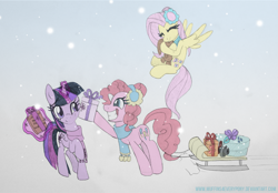 Size: 1721x1200 | Tagged: safe, artist:muffins4everypony, imported from derpibooru, fluttershy, pinkie pie, twilight sparkle, alicorn, earth pony, pegasus, pony, book, christmas, clothes, cute, earmuffs, eyes closed, hearth's warming, holiday, hug, implied applejack, implied rainbow dash, implied rarity, levitation, magic, plushie, present, scarf, shyabetes, sled, smiling, snow, snowfall, telekinesis, twilight sparkle (alicorn)