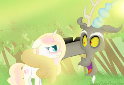 Size: 1280x884 | Tagged: safe, artist:sugarcubecreationz, imported from derpibooru, discord, oc, oc:sweetheart, draconequus, pony, unicorn, arm around neck, duo, female, floppy ears, forest, mare